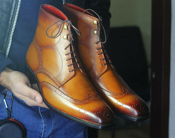 Mens Handmade Tan Color Stylish Wingtip Brogue Formal Designer Ankle High Boots