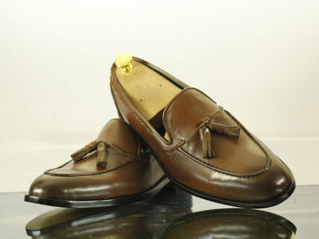 New Handmade Men's Brown Color Leather Tassel Loafers, Men Designer Dress Formal Shoes
