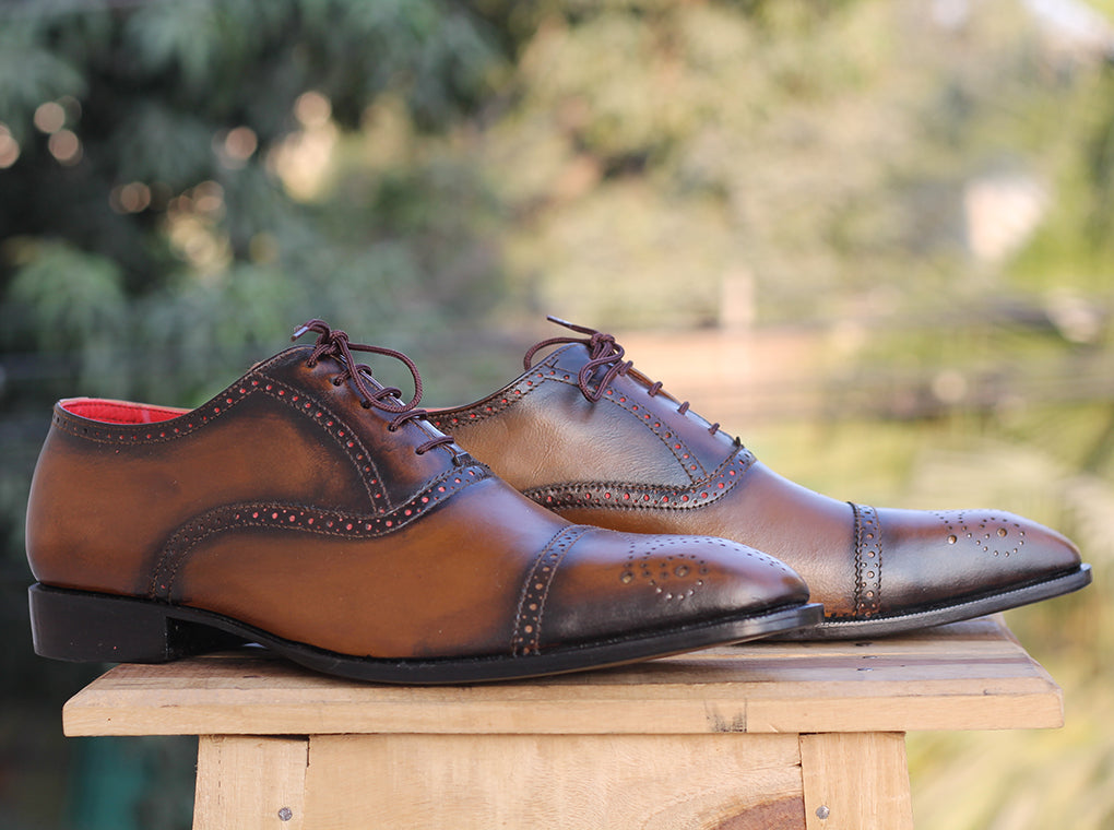 New Handmade Men's Brown Leather Cap Toe Brogue Lace Up Shoes, Men Designer Dress Formal Luxury Shoes