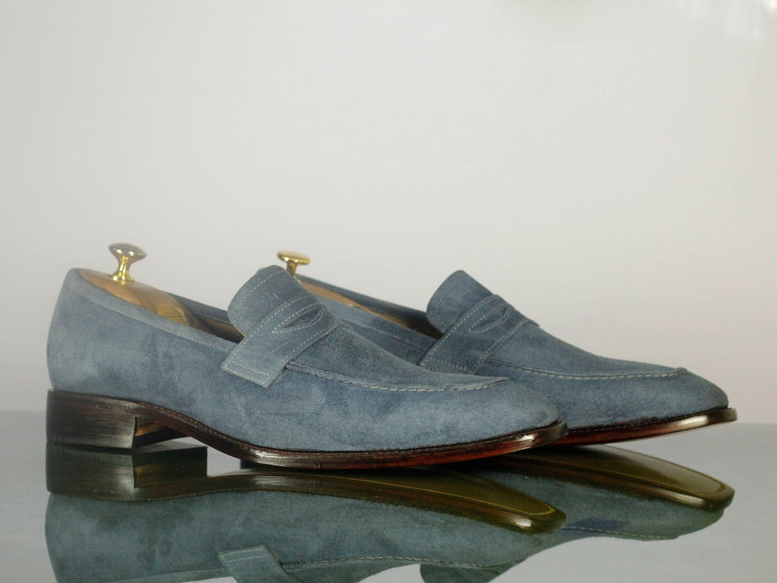 New Handmade Men's Gray Suede Penny Loafers, Men Designer Dress Luxury Shoes