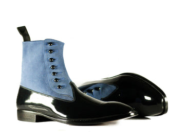 Awesome Handmade Mens Black & Blue Patent Leather Suede Ankle High Boots
