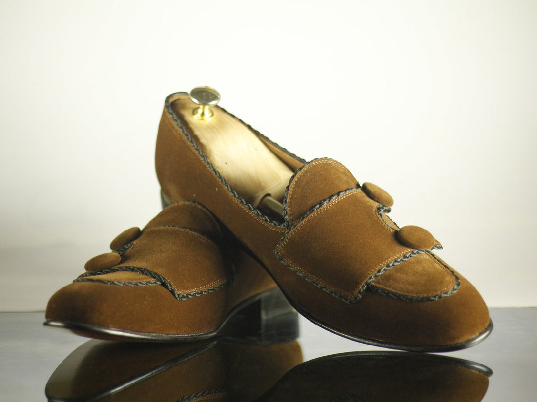 New Men's Handmade Brown Velvet Loafers, Men Double Monk Strap Shoes, Men Designer Formal Dress Luxury Shoes