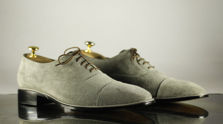 Mens Handmade Gray Color Suede Cap Toe Shoes, Mens Formal Designer Lace Up Shoes