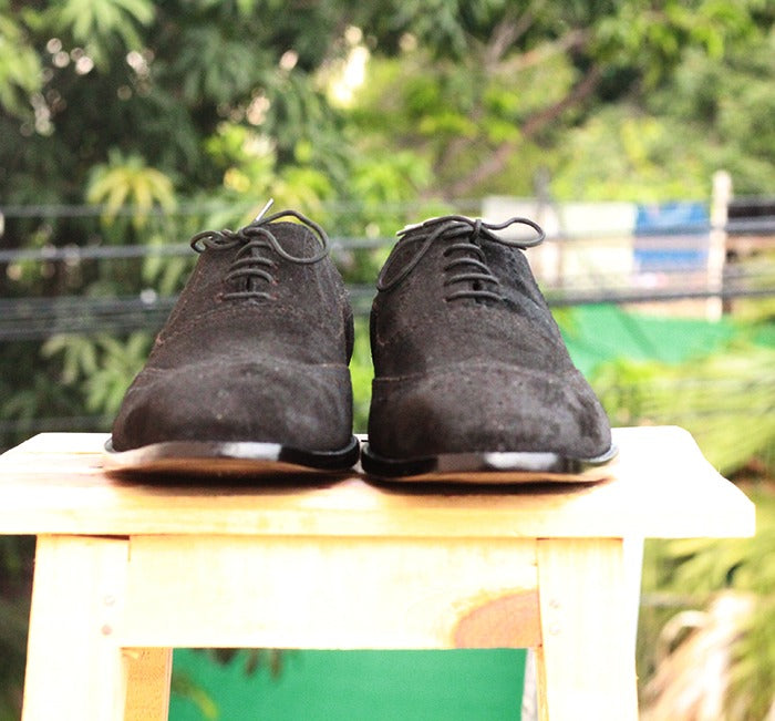Handmade Mens Black Color Suede Wingtip Formal Dressing Shoes