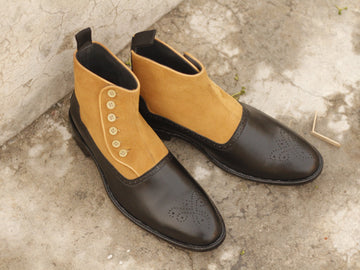 Mens Handmade Tan Blck Leather Suede Button Stylish Boots, Men Ankle High Awesome Style Boots