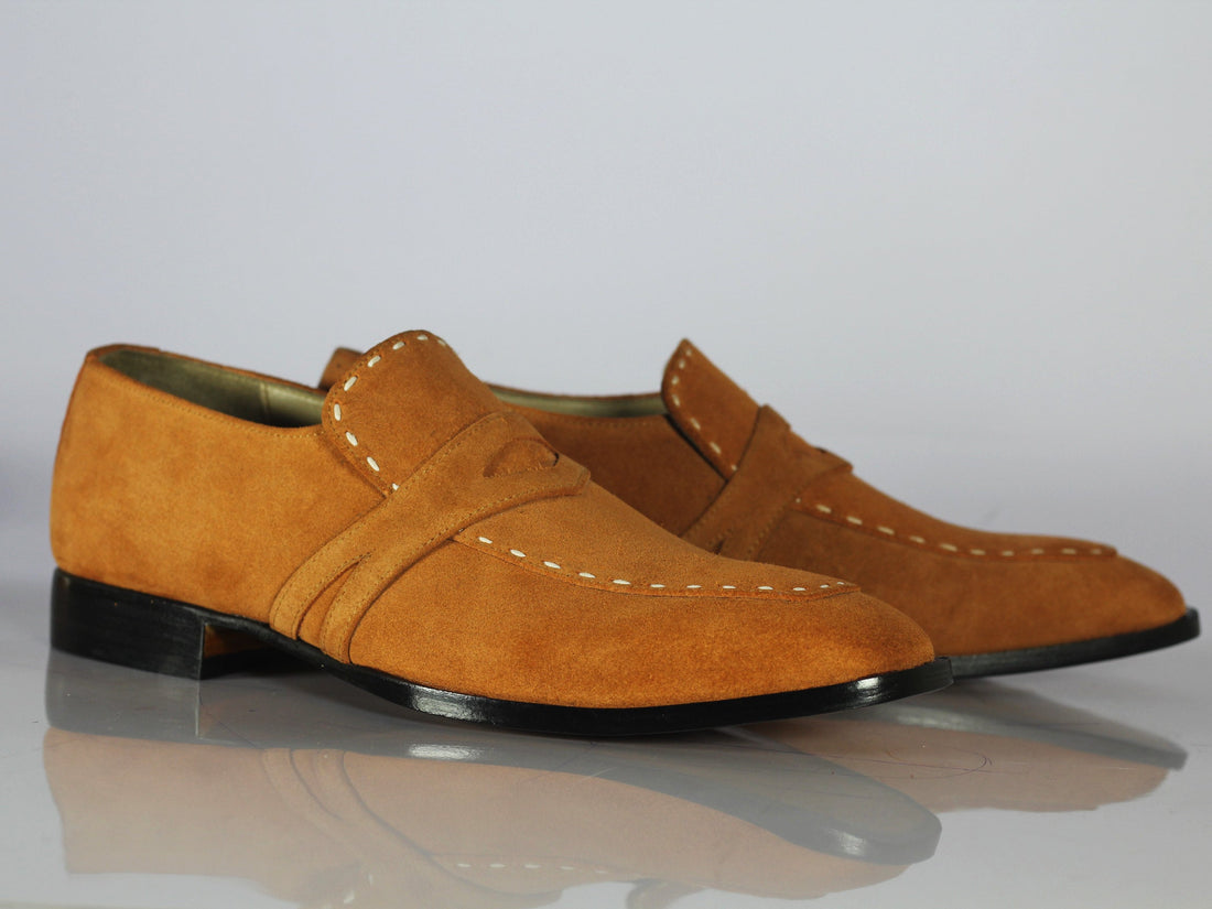 New Handmade Men's Tan Suede Penny Loafers, Men Designer Formal Dress Luxury Shoes