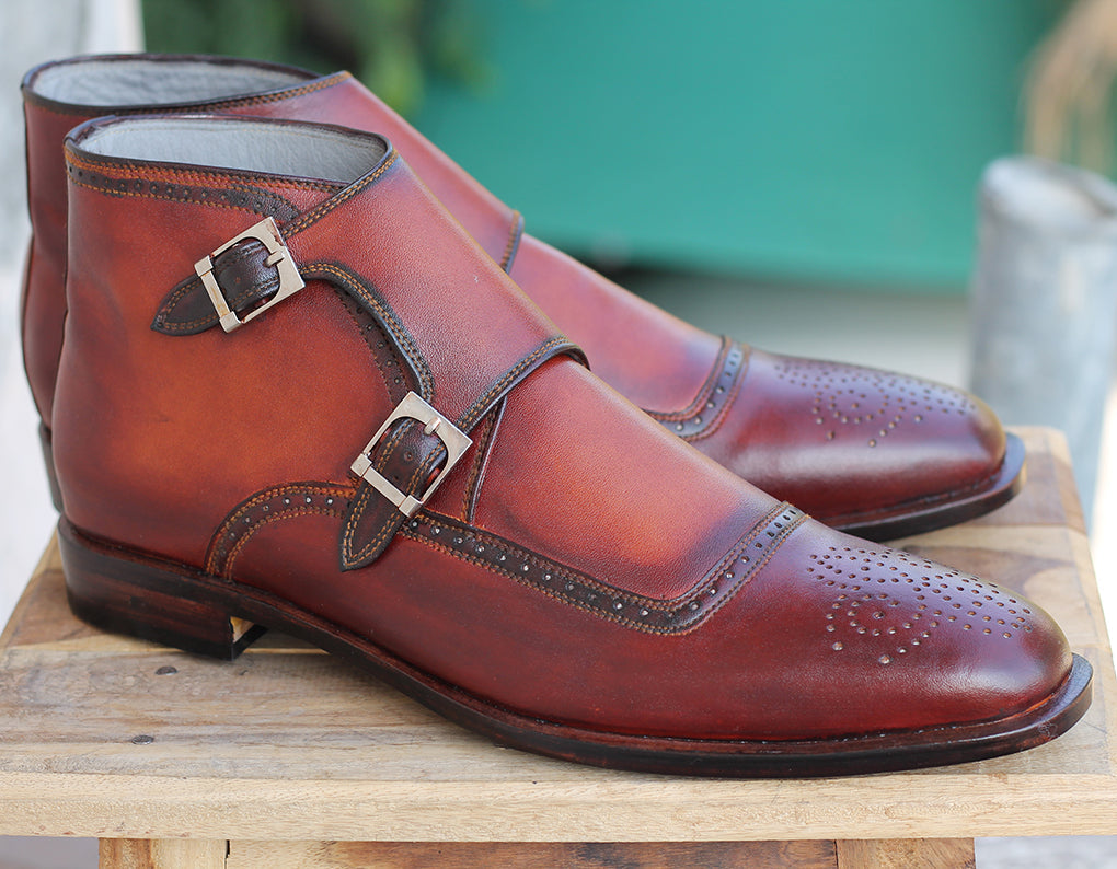 Mens Handmade Brown Color Double Monk Strap Brogue Leather Boots, Men Stylish Boots