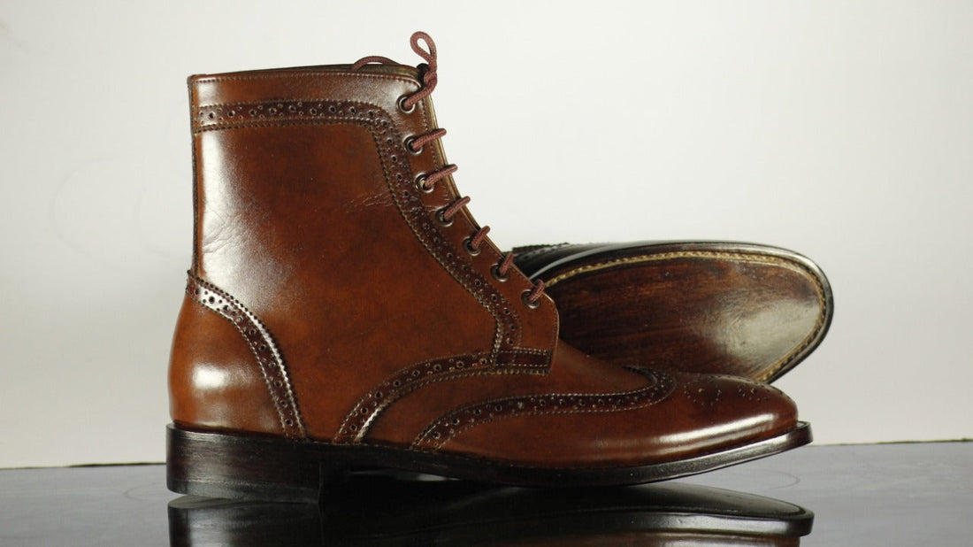 Mans Handmade Formal Brown Color Ankle High Wingtip Brogue Leather Boots, Men Designer Boots