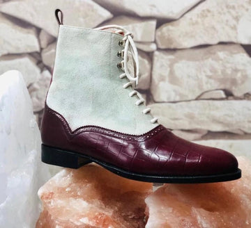 Mens Handmade Two Tone Leather Suede Ankle High Boots, Men Burgundy White Color Boots