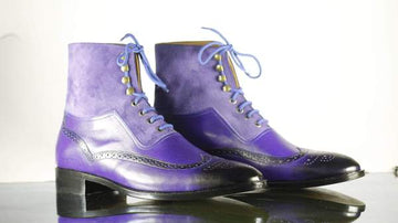 Mens Handmade Purple Color Leather Suede Wingtip Brogue Style Ankle High Boots