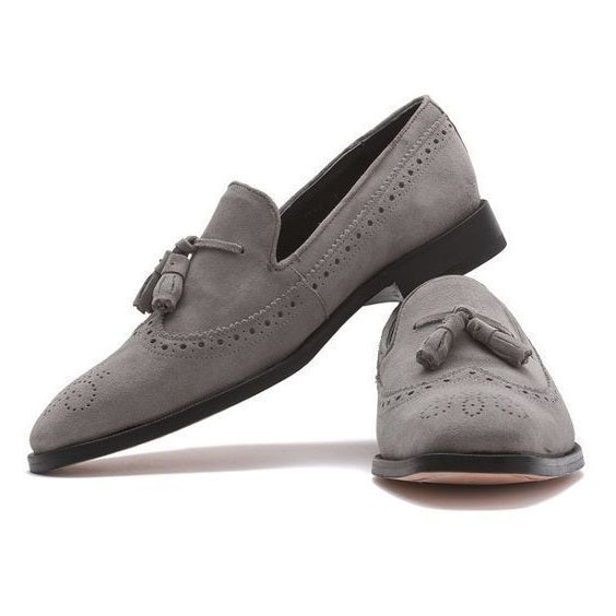New Handmade Men's Gray Suede Brogue Tassel Loafer, Men Dress Formal Shoes