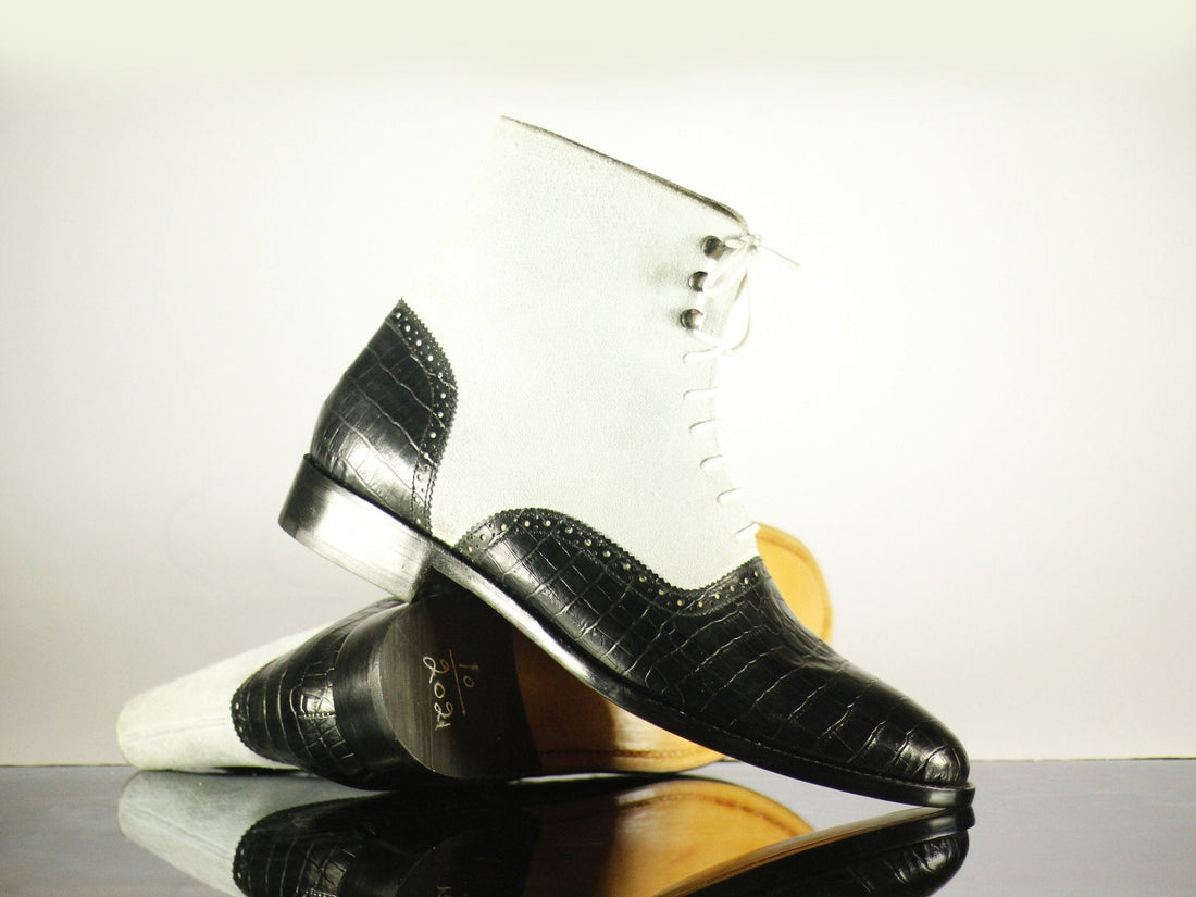 Black Color Leather Suede Texture Handmade Boots For Men’s, Mens Stylish Black & White Laces Boots