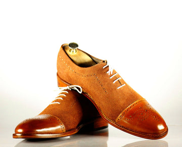 Stylish Handmade Men's Brown Leather Suede Cap Toe Brogue Lace Up Shoes, Men Dress Formal Shoes