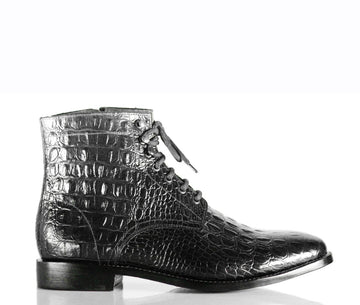 Handmade New &nbsp;Men's Black Alligator Textured Leather Lace Up Boots, Men Ankle Boots, Men Fashion Boots