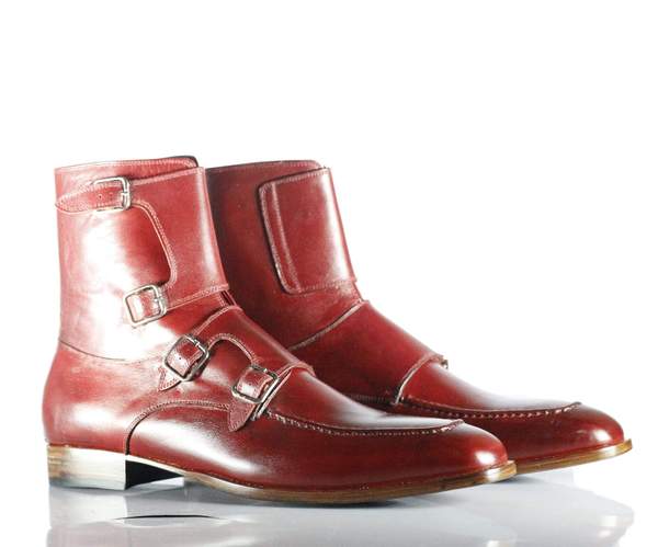 Mens Handmade Burgundy Color Leather Quad Monk Strap High Ankle Boots, Men Fashion Boots