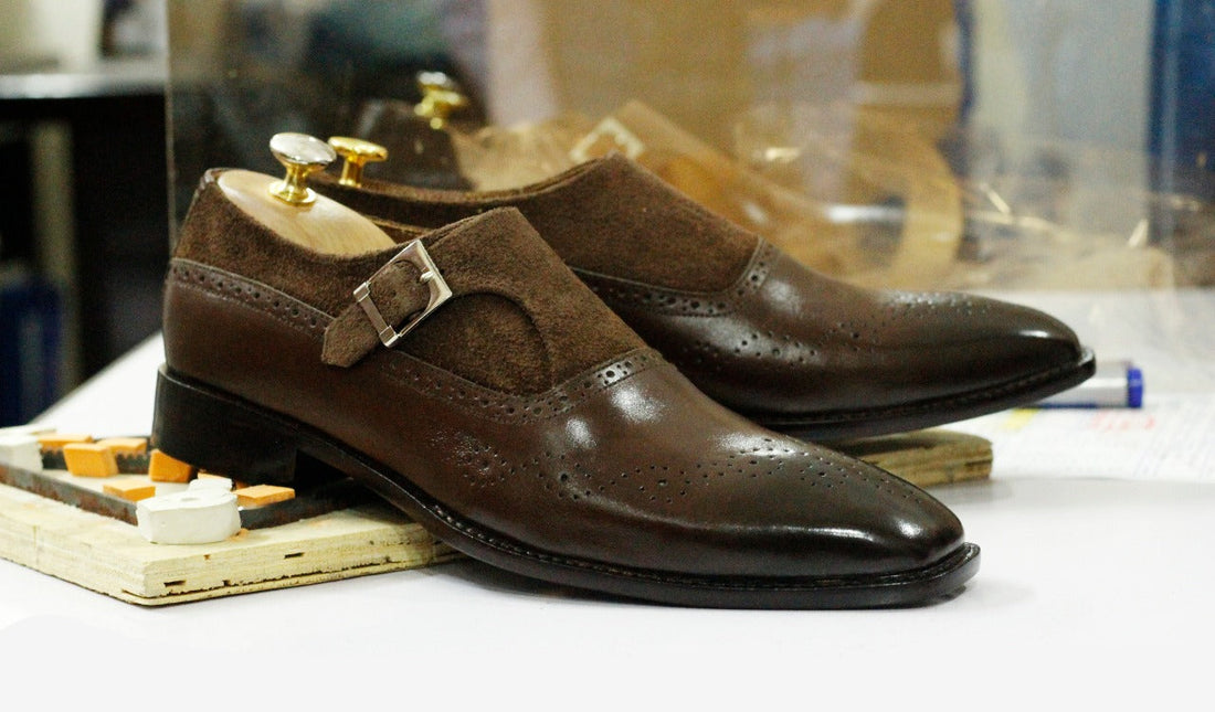 Mens Handmade Formal Brown Color Leather Suede Shoes, Men’s Dressing Monk Strap Formal Shoes