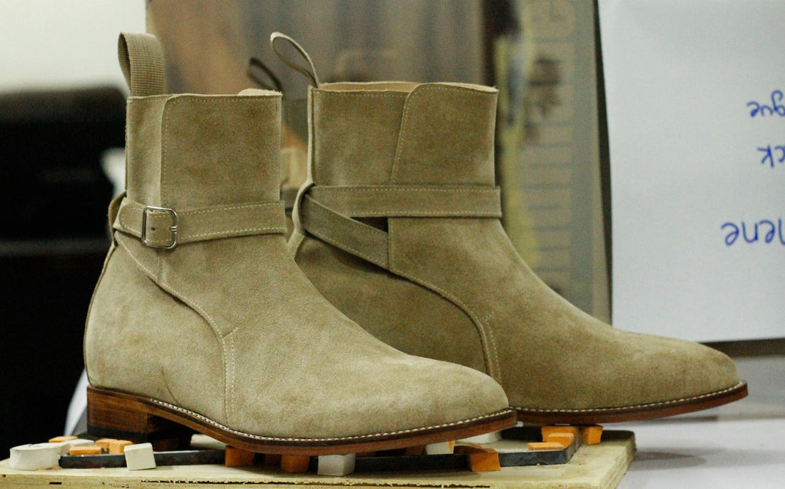 Designer Handmade Men's Beige Suede Jodhpur Strap Boots, Men Ankle Boots, Men Fashion Boots