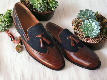 Handmade Men Brown Blue Wingtip Tassel Loafer Shoes, Men’s Casual Leather Suede Party Shoes