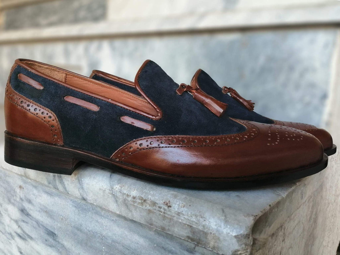 Handmade Men Brown Blue Wingtip Tassel Loafer Shoes, Men’s Casual Leather Suede Party Shoes