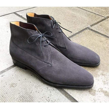 Mens Handmade Gray Color Suede Chukka Boots, Men Half Ankle Formal Designer Boots