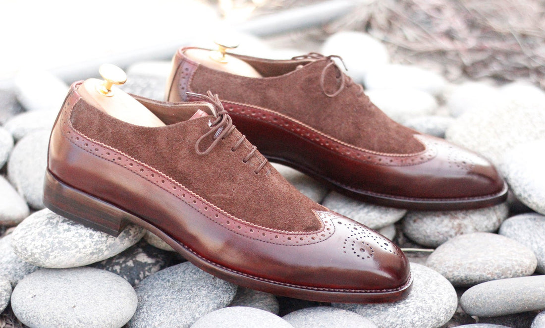 Beautiful Handmade Men’s Leather Suede Brown Color Shoes, Mens Designer Wing Tip Broge Fancy Shoes