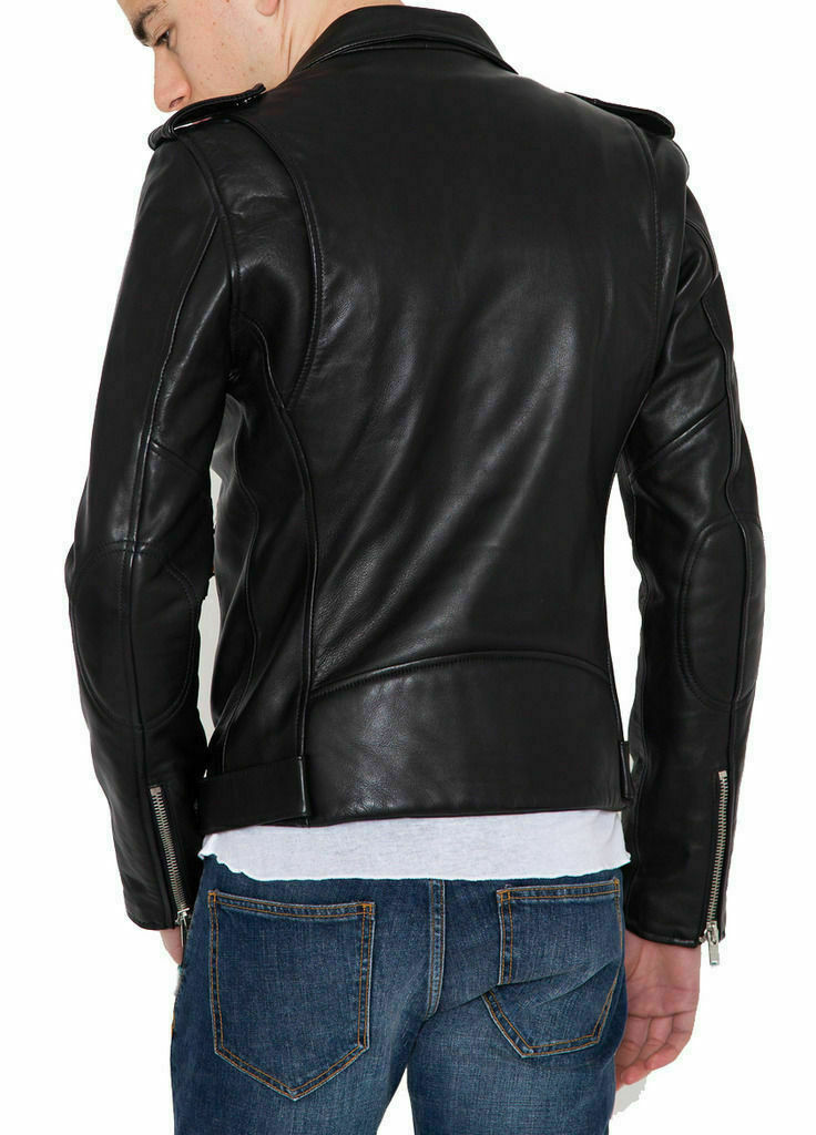 Men's Motorcycle Genuine Lambskin Leather Jacket, Zipper Black Slim fit Biker Jacket For Men