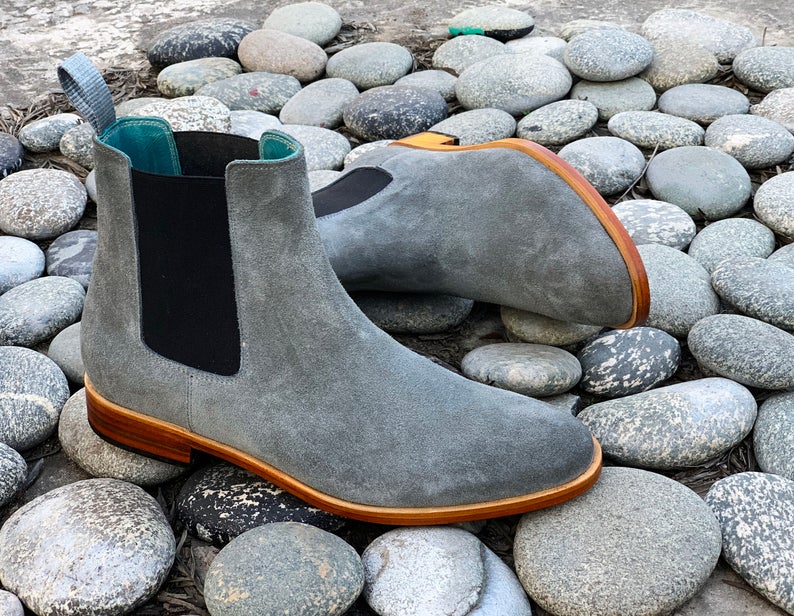Stylish Handmade Mens Gray Color Suede Chelsea Boots, Men Designer Ankle High Boots