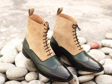Stylish New Handmade Men's Black Leather Beige Suede Wing Tip Boots, Men Ankle Boots, Men Fashion Boots