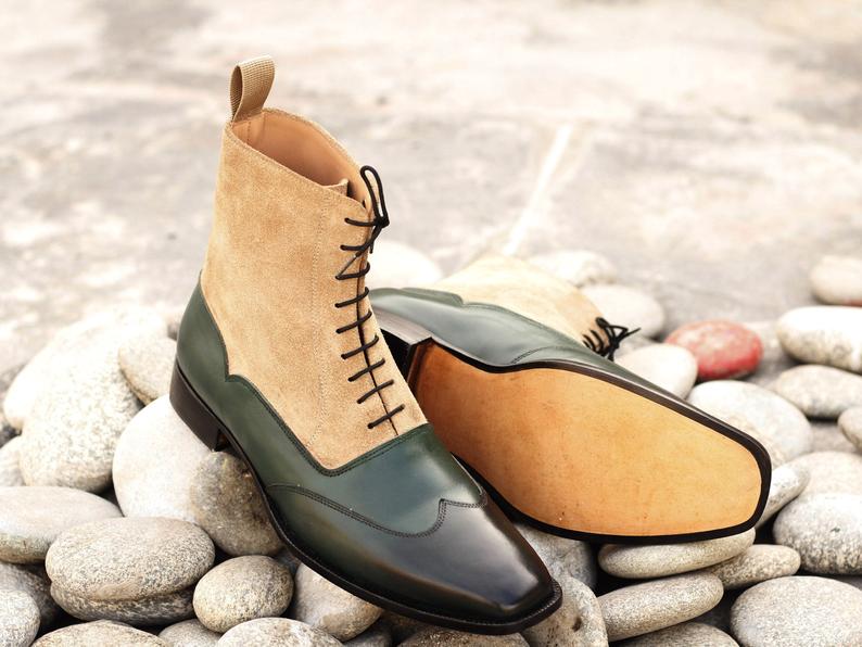 Stylish New Handmade Men's Black Leather Beige Suede Wing Tip Boots, Men Ankle Boots, Men Fashion Boots