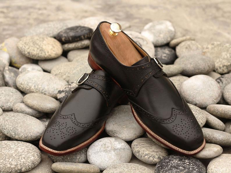 Beautiful Handmade Men’s Black Color Wing Tip Brogue Formal Shoes, Mens Monk Strap Dress Formal Style Shoes