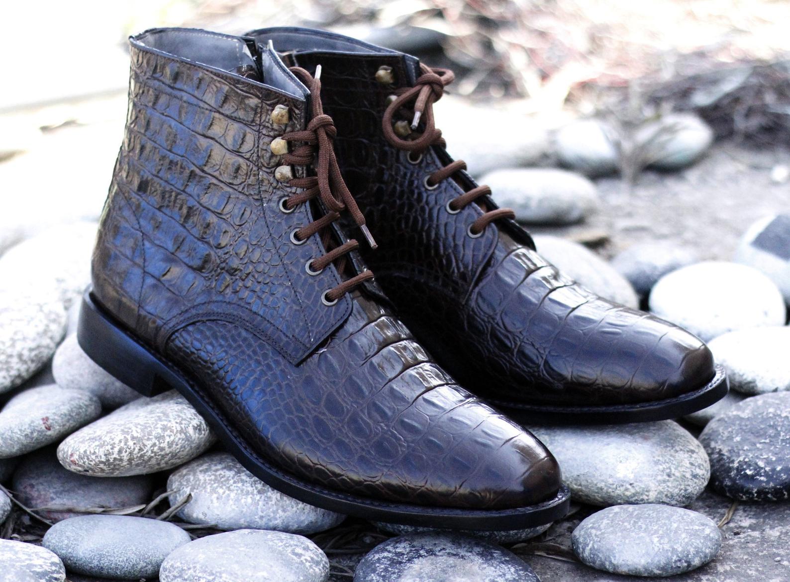 Beautiful Handmade Mens Formal Designer Alligator Texture Leather Boots, Men’s Fashion Ankle High Lace Up Boots