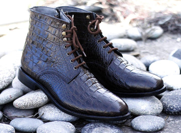 Beautiful Handmade Mens Formal Designer Alligator Texture Leather Boots, Men’s Fashion Ankle High Lace Up Boots