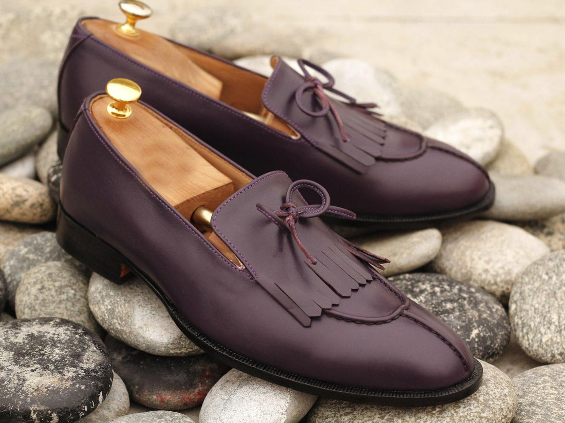 New Latest Handmade Men's Purple Leather Fringes &amp; Tussle Loafers, Men Split Toe Dress Formal Shoes