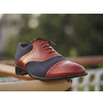 Stylish Handmade Men’s Two Tone Leather Suede Brogue Toe Shoes, Mens Navy &amp; Burgundy Lace Up Shoes
