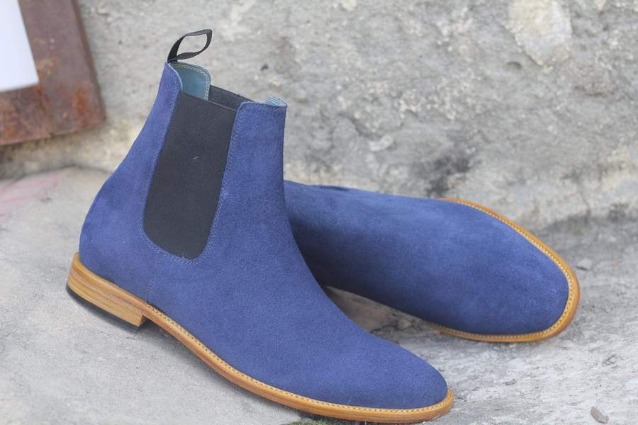 Mens Handmade Blue Color Suede Chelsea Boots, Mens Awesome Designer Ankle High Boots, Men Boots