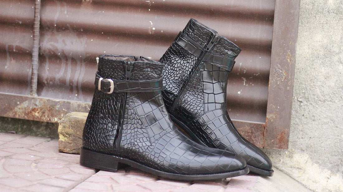 Stylish Handmade Men’s Black Color Alligator Textured Leather Ankle High Boots, Mens Designer Boots