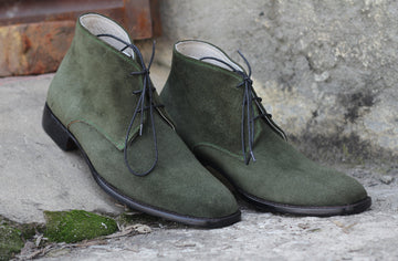 Mens Handmade Green Color Suede Chukka Boots, Men’s Ankle Suede Leather Boots