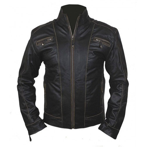 New Stylish Men's Black Rub Off Front Zipper Original Leather Jacket, Black Leather Jacket