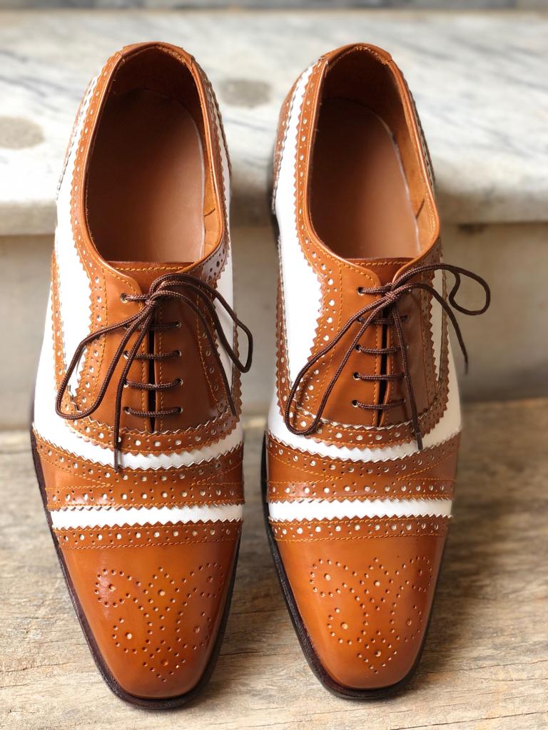 New Handmade Men's Two Tone White Brown Cap Toe Brogue Leather Lace Up Shoes, Men Designer Dress Formal Luxury Shoes