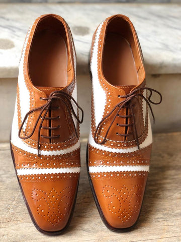 New Handmade Men's Two Tone White Brown Cap Toe Brogue Leather Lace Up Shoes, Men Designer Dress Formal Luxury Shoes