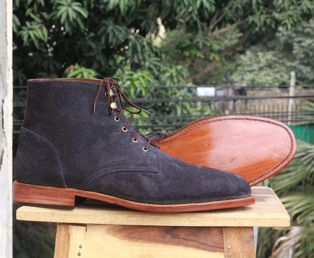 Mens Handmade Awesome Black Color Suede Cap Toe Boots, Mens Suede Designer Boots