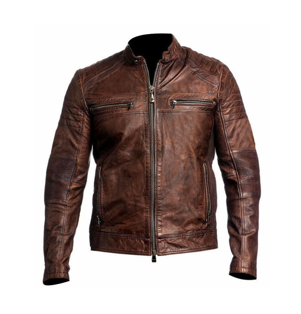 New Stylish Beautiful Men's Biker Vintage Ribbed Motorcycle Distressed Brown Cafe Racer Leather Jacket
