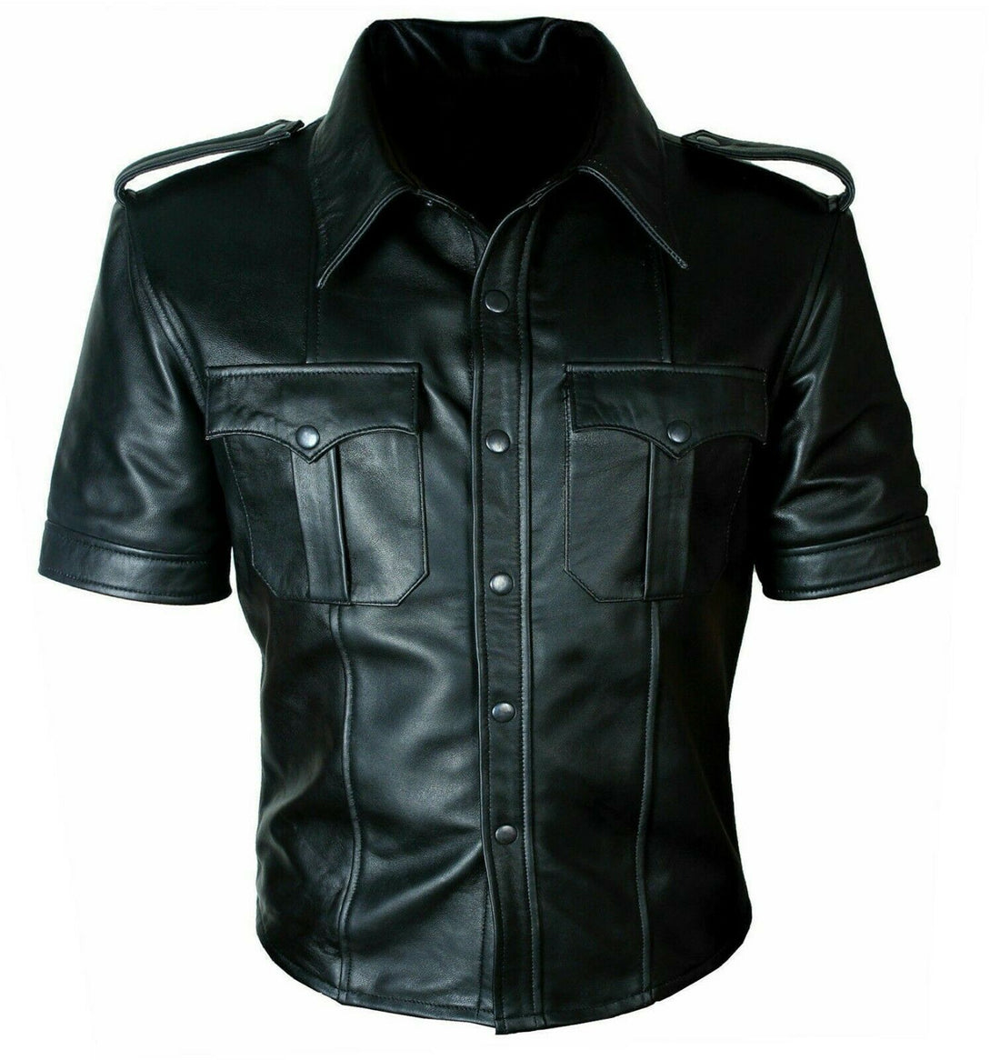 Stylish New Men's Real genuine Leather Police Uniform Shirt Sexy Short Sleeve Leather Shirt