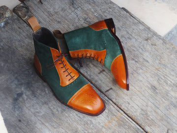 New Stylish Handmade Tan &amp; Green Color Leather &amp; Suede Ankle High Party Wear Men Lace Up Boots