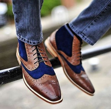 New Elegant Handmade Stylish Men’s Brown Blue Leather Suede Boots, Mens Lavish Fashion Designer Boots, Mens Wingtip Brogue Boots