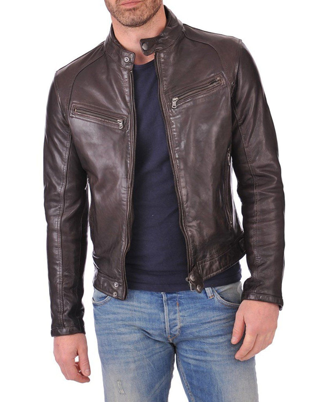 Men’s Genuine Lambskin Leather Chocolate Brown Bomber Slim Fit Biker Leather Jacket