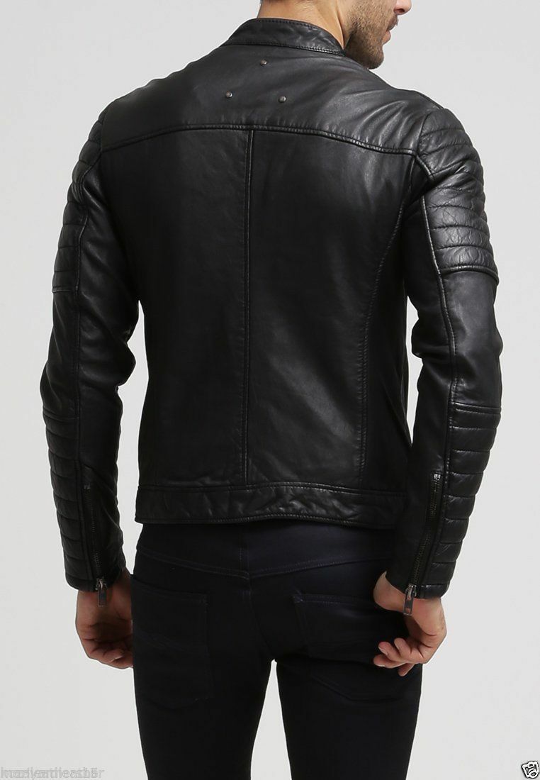 New Men’s Stylish Slim Fit Black Genuine Lambskin Real Leather Biker Jacket