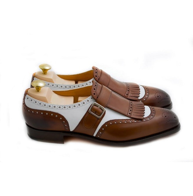 New Stylish Handmade Men's Two Tone Brown &amp; White Monk Fringed Formal Dress Shoes
